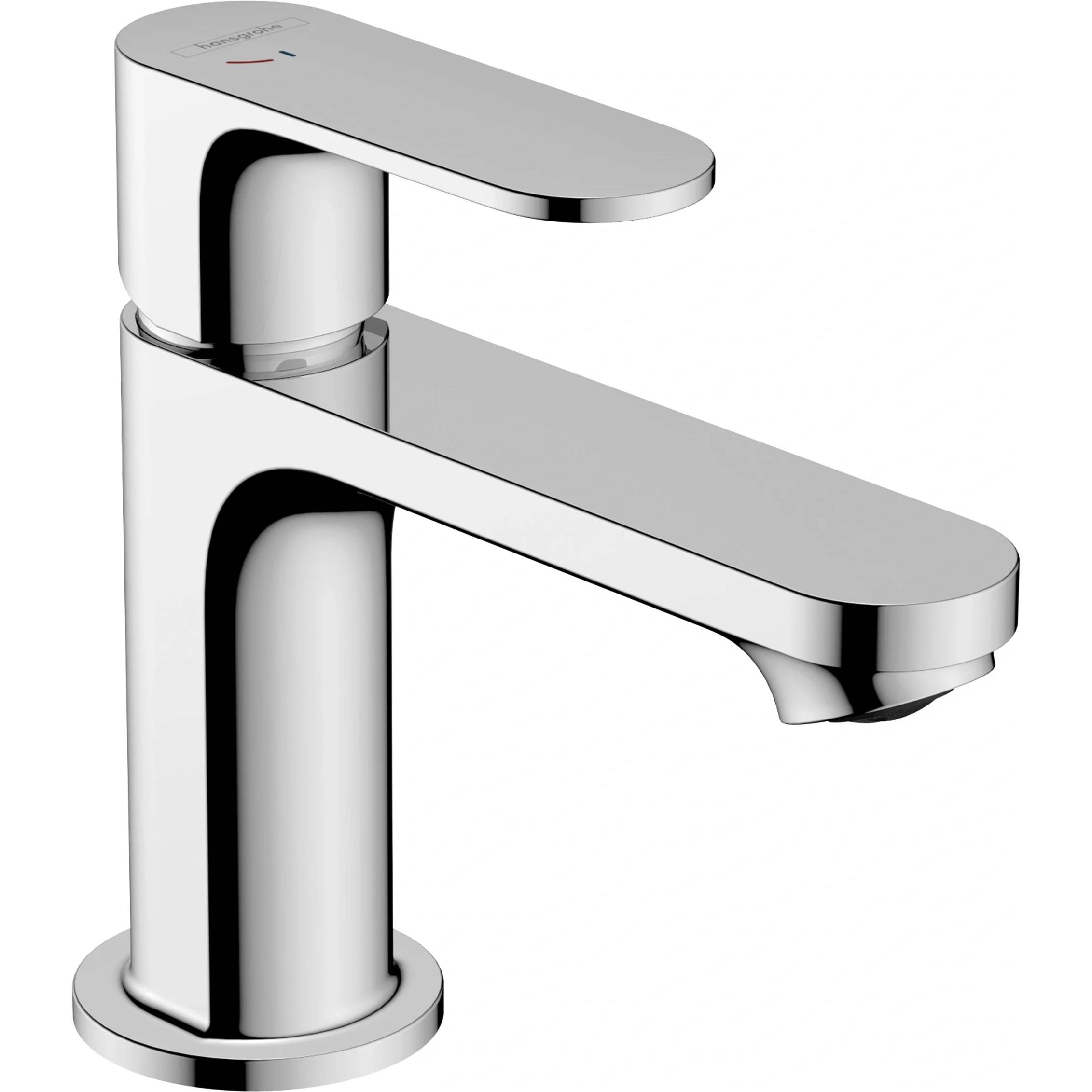 Eingriff-Badezimmerwasserhahn aus Chrom mit hoher zylindrischer Basis und gebogenem Auslauf, dargestellt auf weißem Hintergrund.
