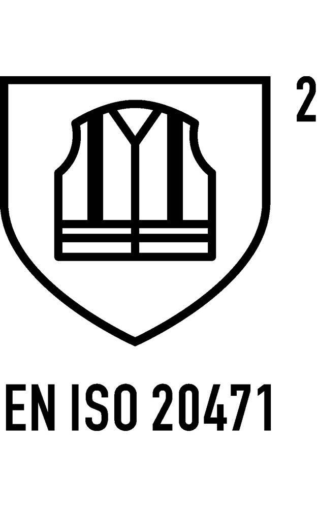 EN ISO 20471 Hochsichtbarkeitsbekleidung Sicherheitsnorm Symbol zeigt eine Weste innerhalb eines Schildes, gekennzeichnet Klasse 2.