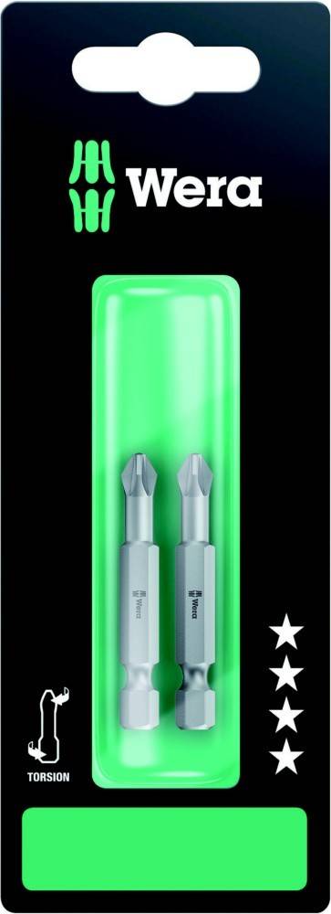 Wera-Schrauberbitsatz-Verpackung mit zwei silbernen Bits in einer grünen Blisterpackung, Wera-Logo oben, Torsionsetikett und Sternenbewertet-Symbole.