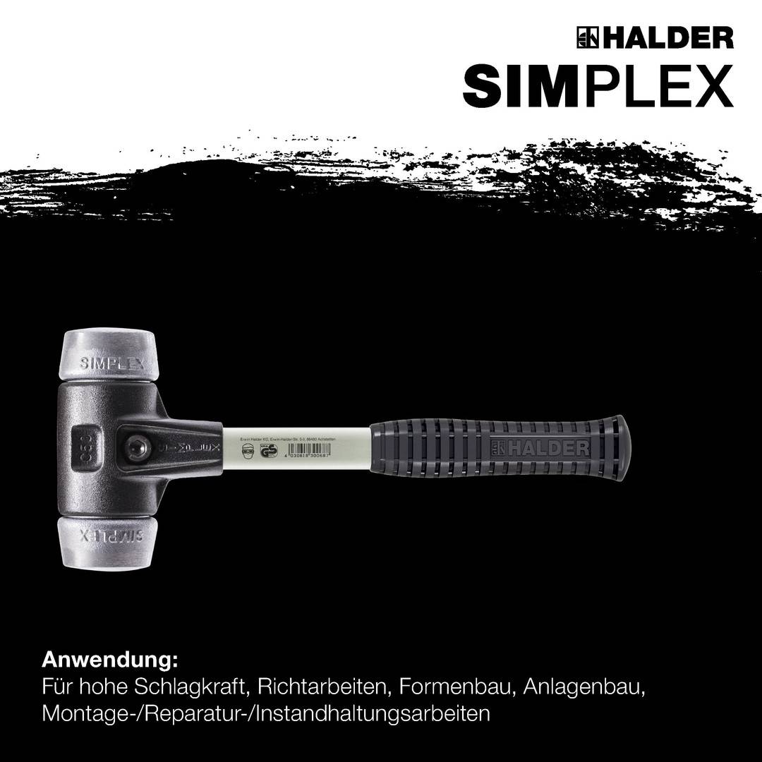HALDER SIMPLEX Schonhammer Ø 80 mm Weichmetall mit verstärkem Tempergussgehäuse und Fiberglasstiel