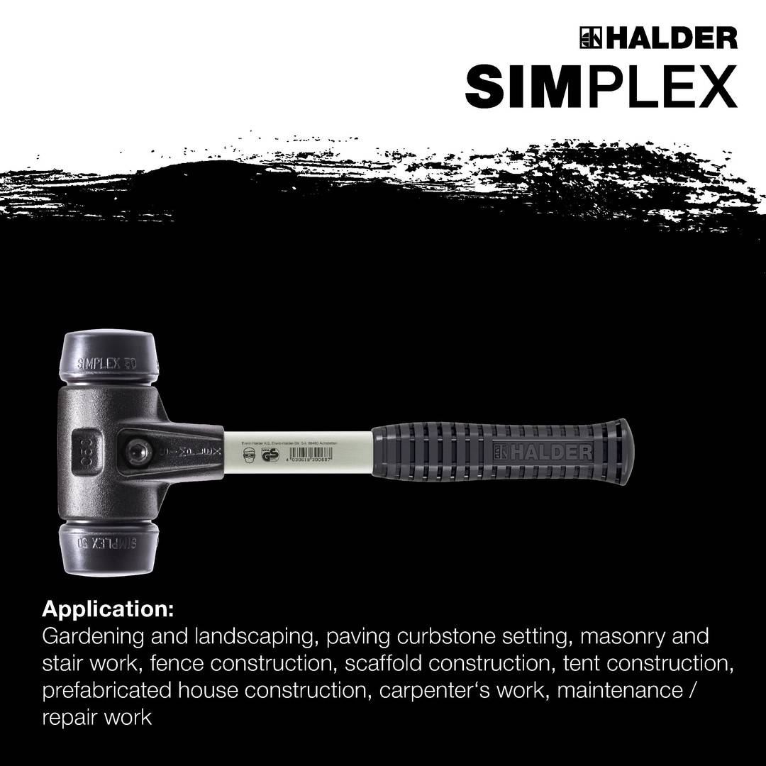 HALDER SIMPLEX Schonhammer Ø 40 mm Gummi mit verstärkem Tempergussgehäuse und Fiberglasstiel