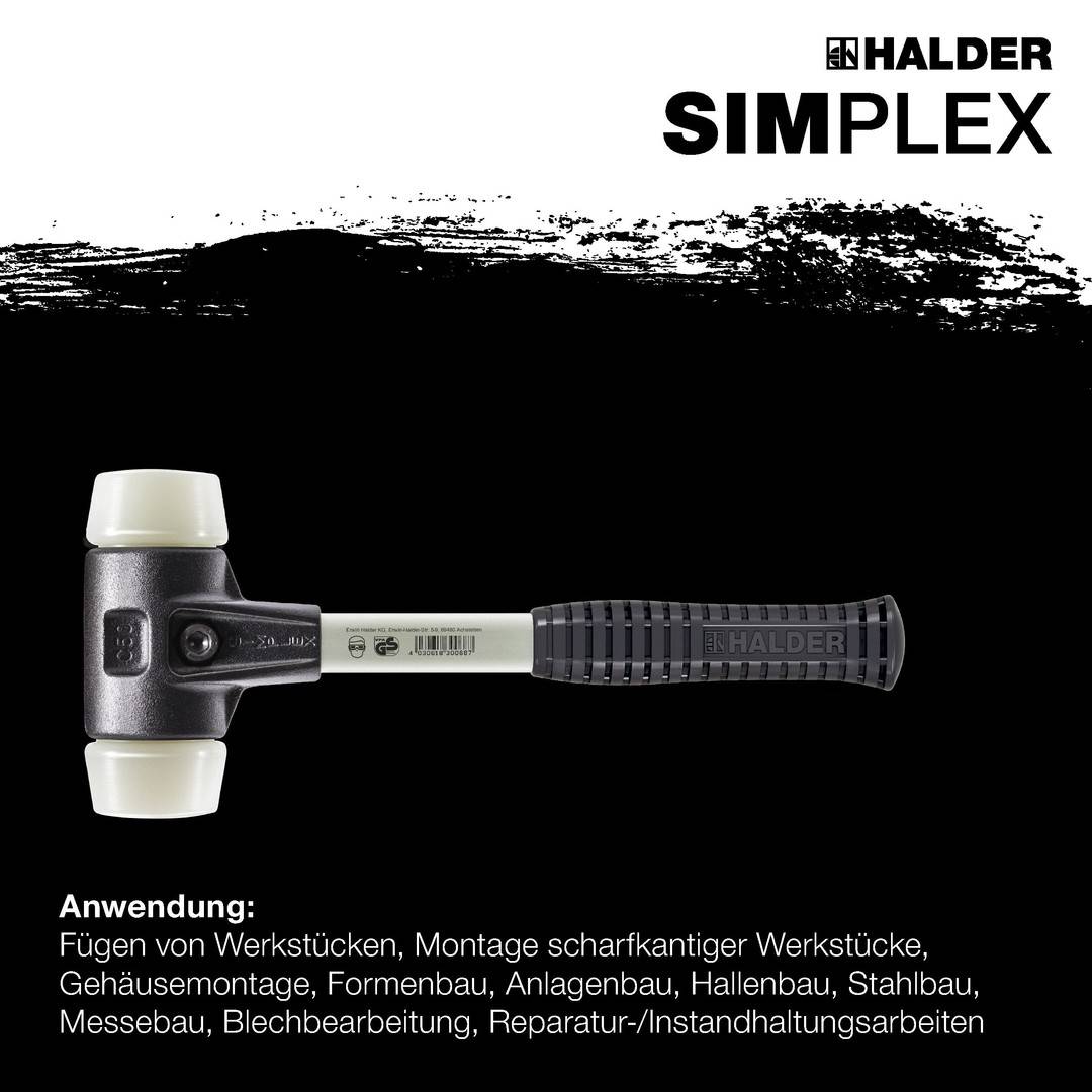 HALDER SIMPLEX Schonhammer Ø 40 mm Nylon mit verstärkem Tempergussgehäuse und Fiberglasstiel