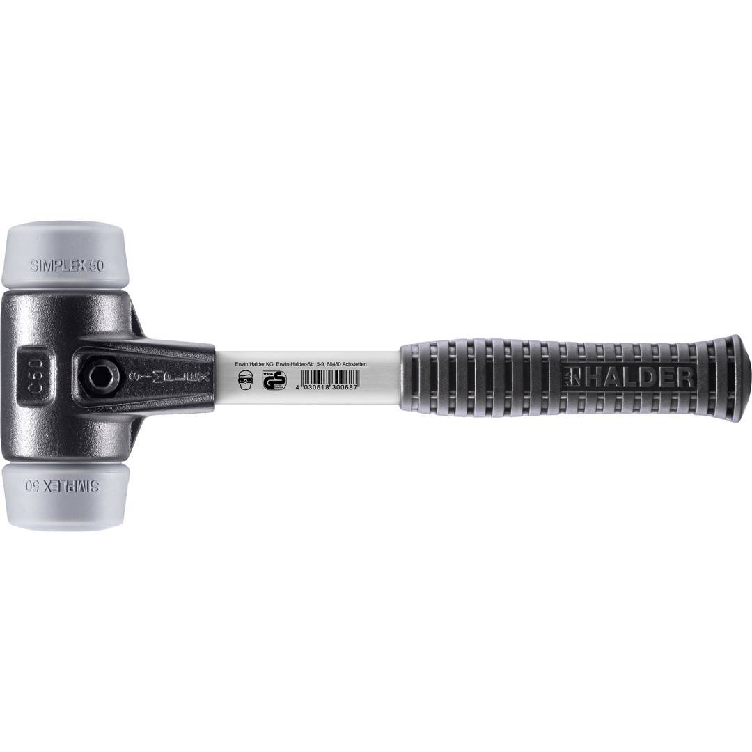 HALDER SIMPLEX Schonhammer Ø 50 mm TPE-mid grau mit verstärkem Tempergussgehäuse und Fiberglasstiel