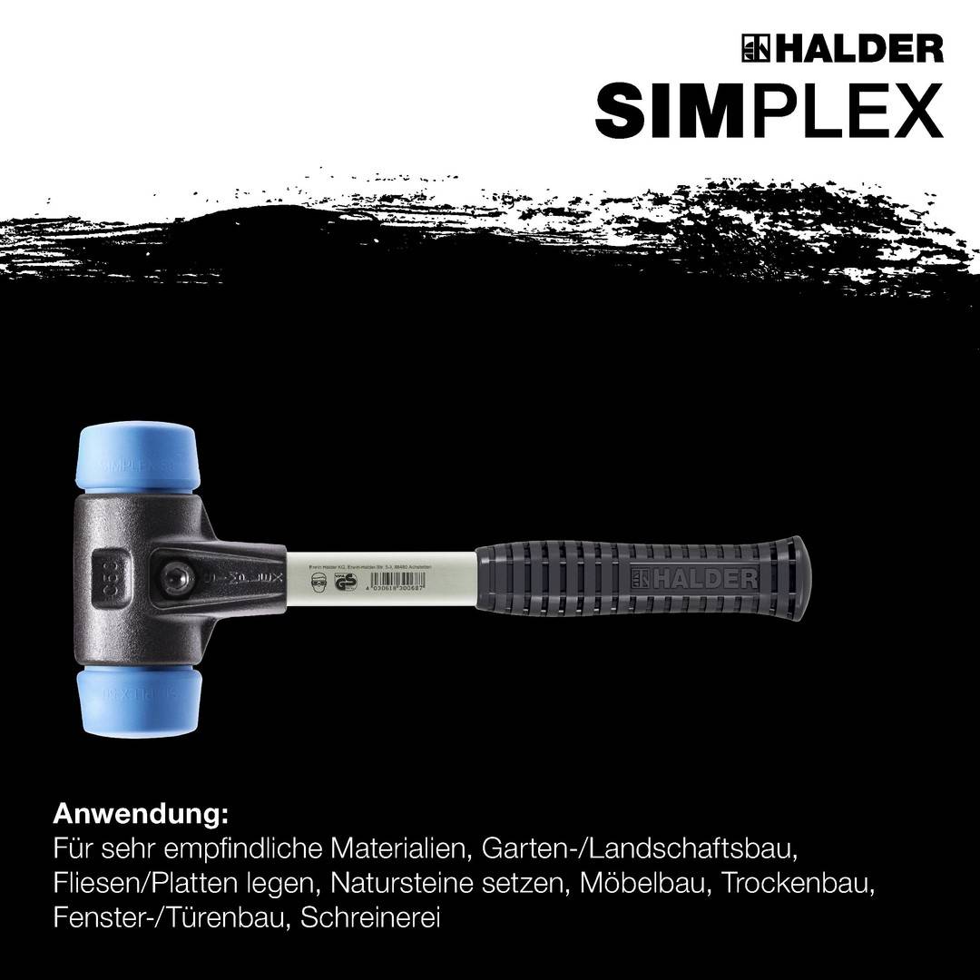 HALDER SIMPLEX Schonhammer Ø 60 mm TPE-soft blau mit verstärkem Tempergussgehäuse und Fiberglasstiel