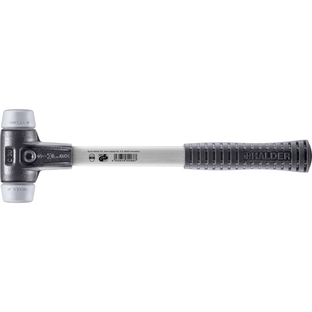 HALDER SIMPLEX Schonhammer Ø 30 mm TPE-mid grau mit verstärkem Tempergussgehäuse und Fiberglasstiel