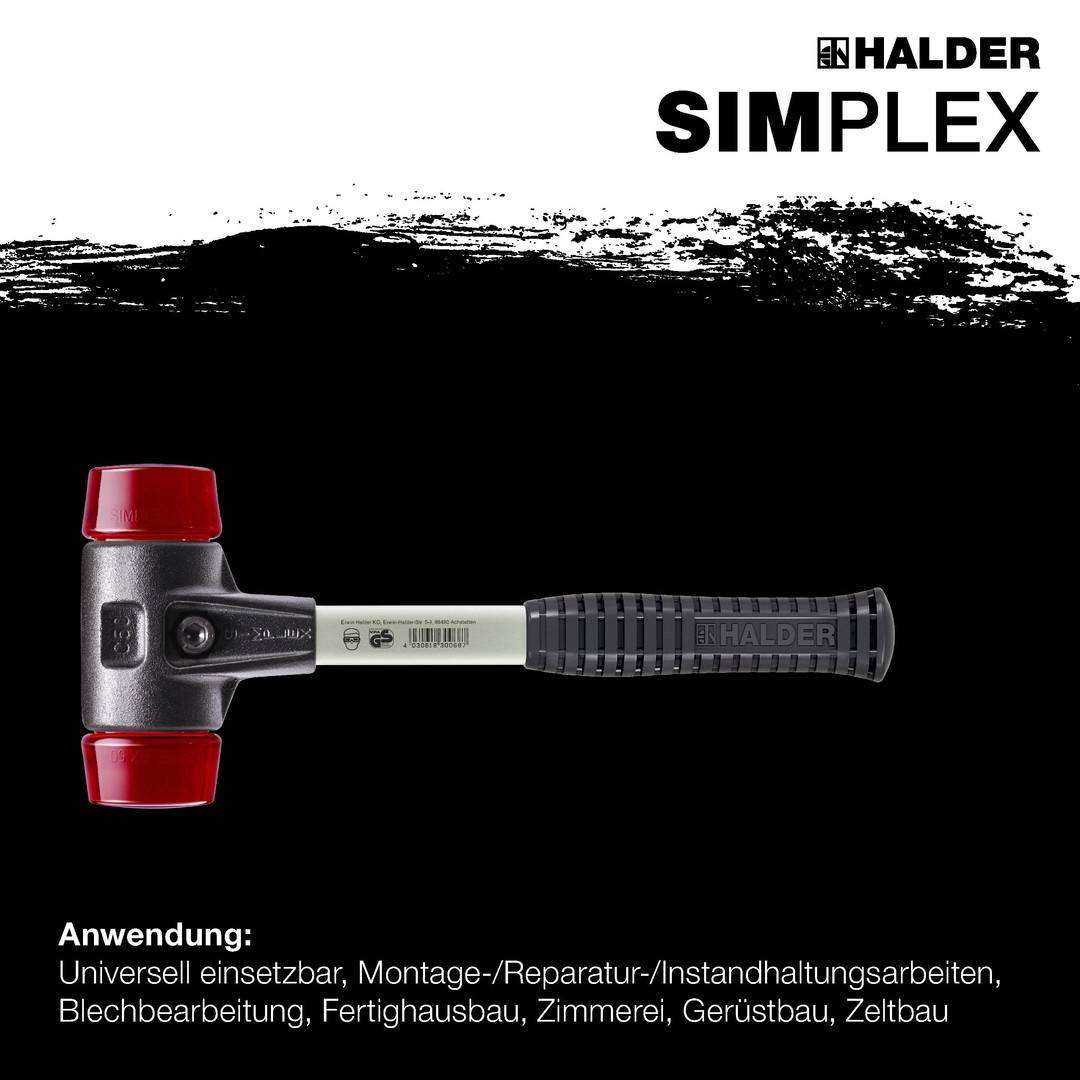 HALDER SIMPLEX Schonhammer Ø 50 mm Plastik rot mit verstärkem Tempergussgehäuse und Fiberglasstiel