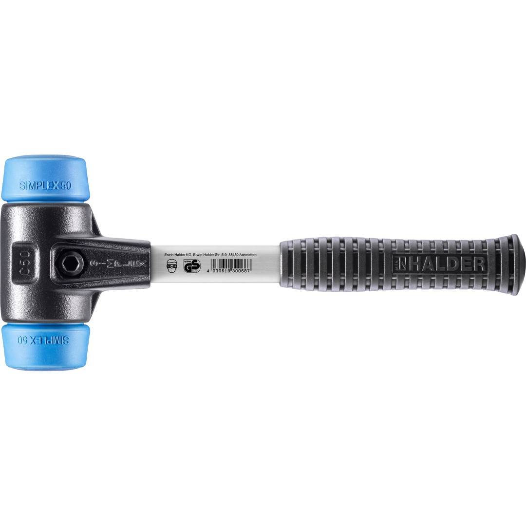 HALDER SIMPLEX Schonhammer Ø 50 mm TPE-soft blau mit verstärkem Tempergussgehäuse und Fiberglasstiel
