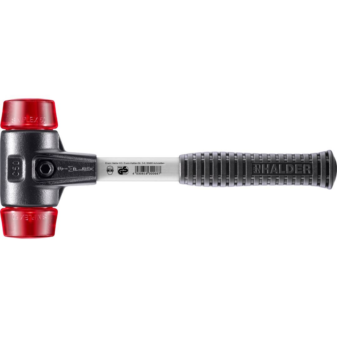 HALDER SIMPLEX Schonhammer Ø 50 mm Plastik rot mit verstärkem Tempergussgehäuse und Fiberglasstiel