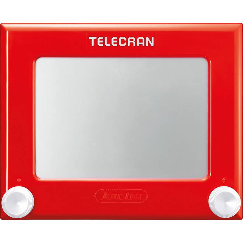 Roter Spielzeug-Zeichenblock mit zwei weißen Knöpfen zum Erstellen von Linienzeichnungen, beschriftet mit 'Telecran'.