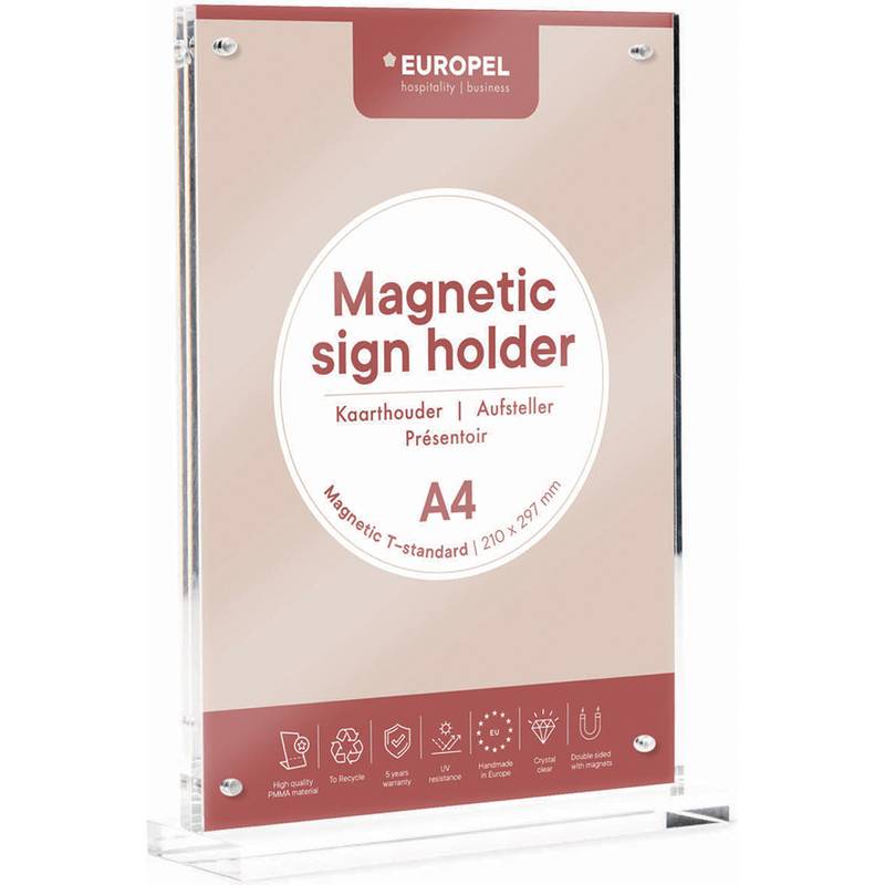 Magnetischer Schildhalter, A4, 210 x 297 mm, EUROPEL Gastgewerbe, auf einem transparenten Ständer platziert.