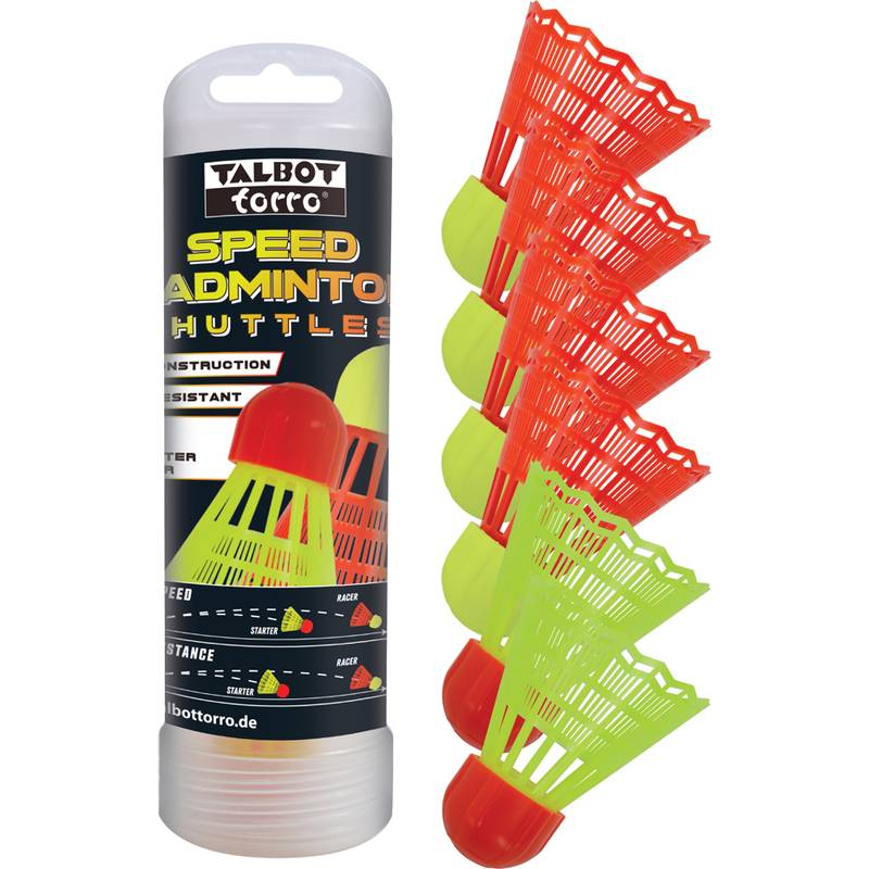 Eine Röhre mit roten und gelben Speed-Badminton-Federbällen, beschriftet mit 'Speed Badminton Shuttles' von Talbot Torro, zeigt Designmerkmale für verschiedene Geschwindigkeiten.