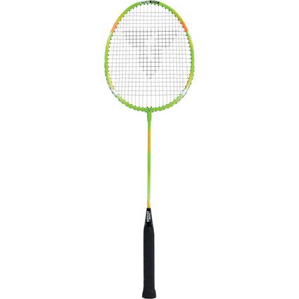 Ein grüner und orangefarbener Badmintonschläger mit schwarzem Griff.