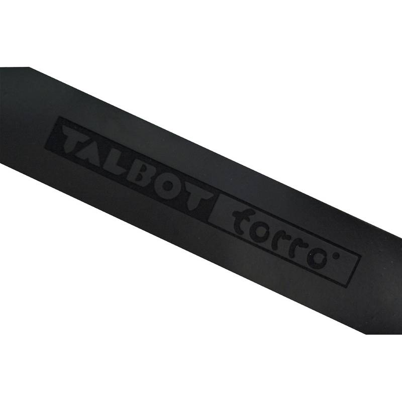 Eine Nahaufnahme des Griffs eines schwarzen Badmintonschlägers mit dem Logo 'TALBOT torro'.