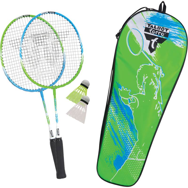 Badminton-Set mit zwei Schlägern, zwei Federbällen und einer grünen Tragetasche mit Spieler-Silhouette und 'Talbot Torro' Branding.