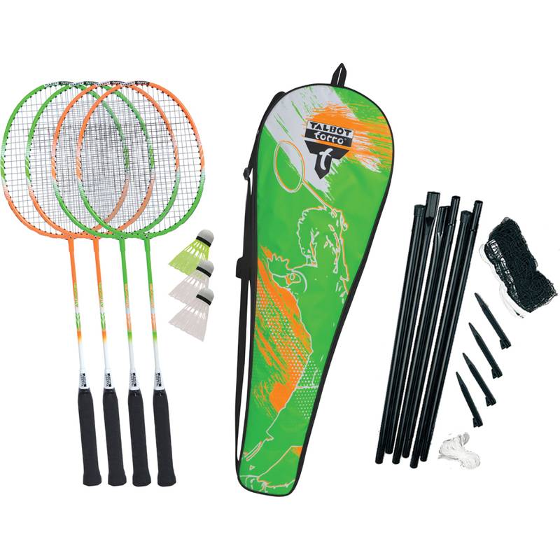 Badminton-Set mit vier Schlägern, drei Federbällen, einer Tragetasche, Pfosten, Netz und Heringen; ideal für Outdoor-Spiele.