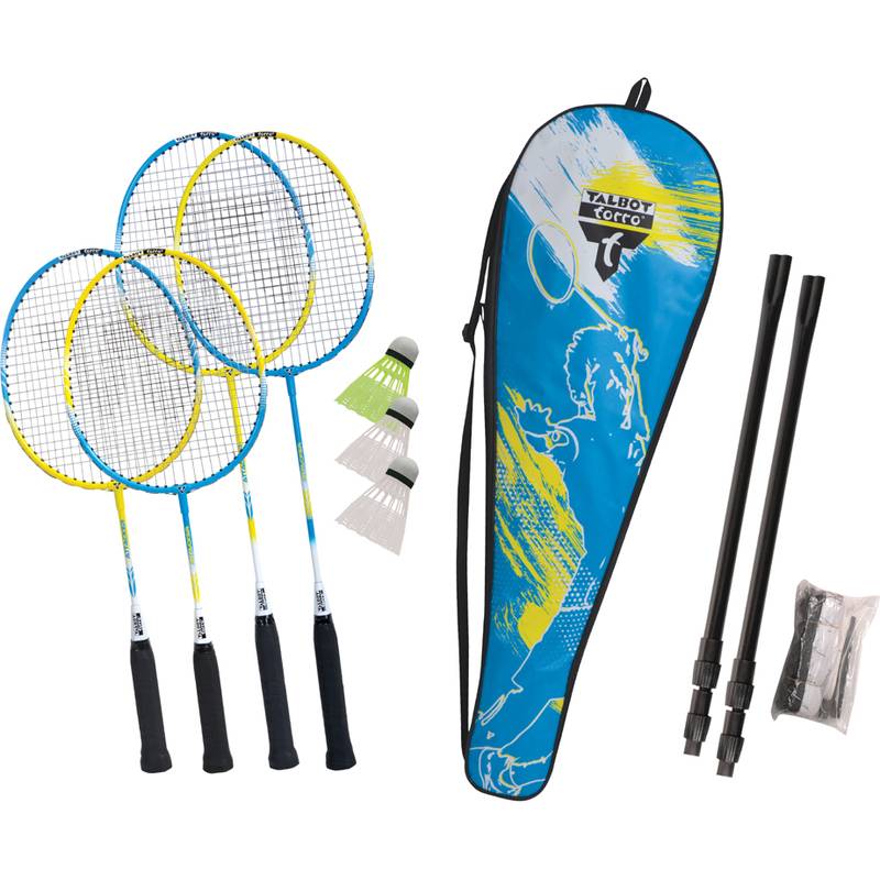Badminton-Set mit vier Schlägern, drei Federbällen, Netzpfosten und einer Tragetasche. Ideal für Freizeitspiel.