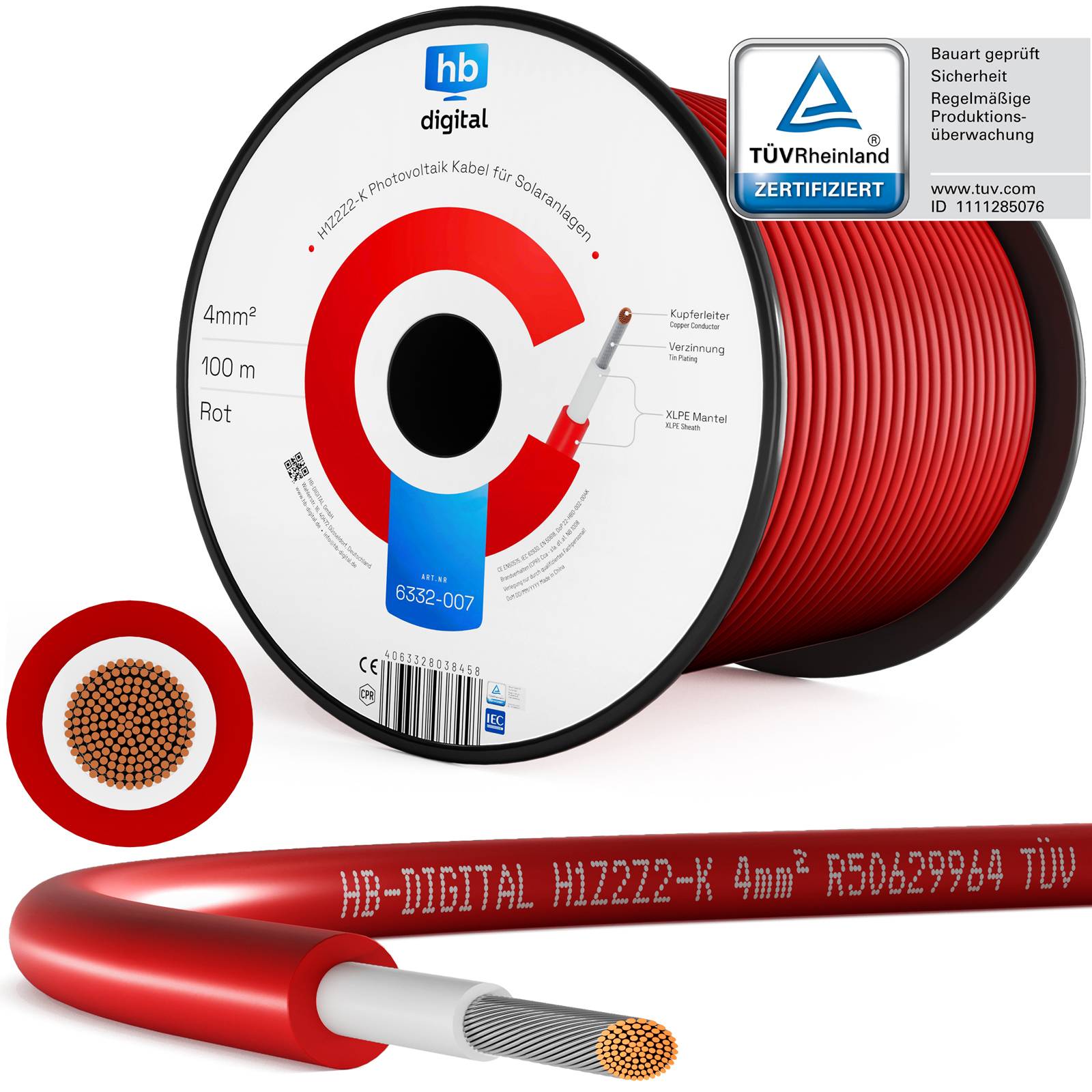hb-digital Solarkabel 100m H1Z2Z2-K PV Kabel 4mm2 für Solaranlagen rot