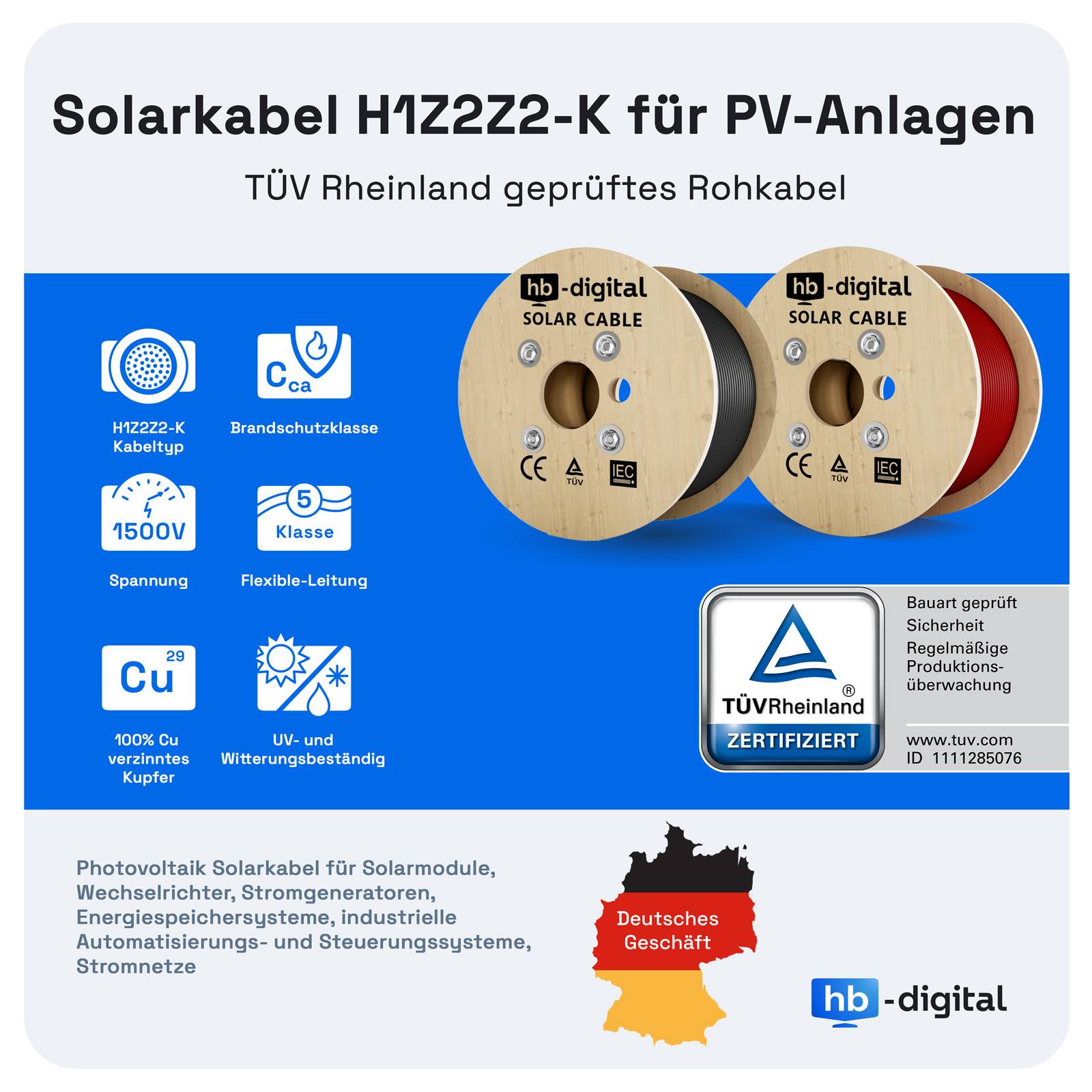 hb-digital Solarkabel 100m H1Z2Z2-K PV Kabel 4mm2 für Solaranlagen rot