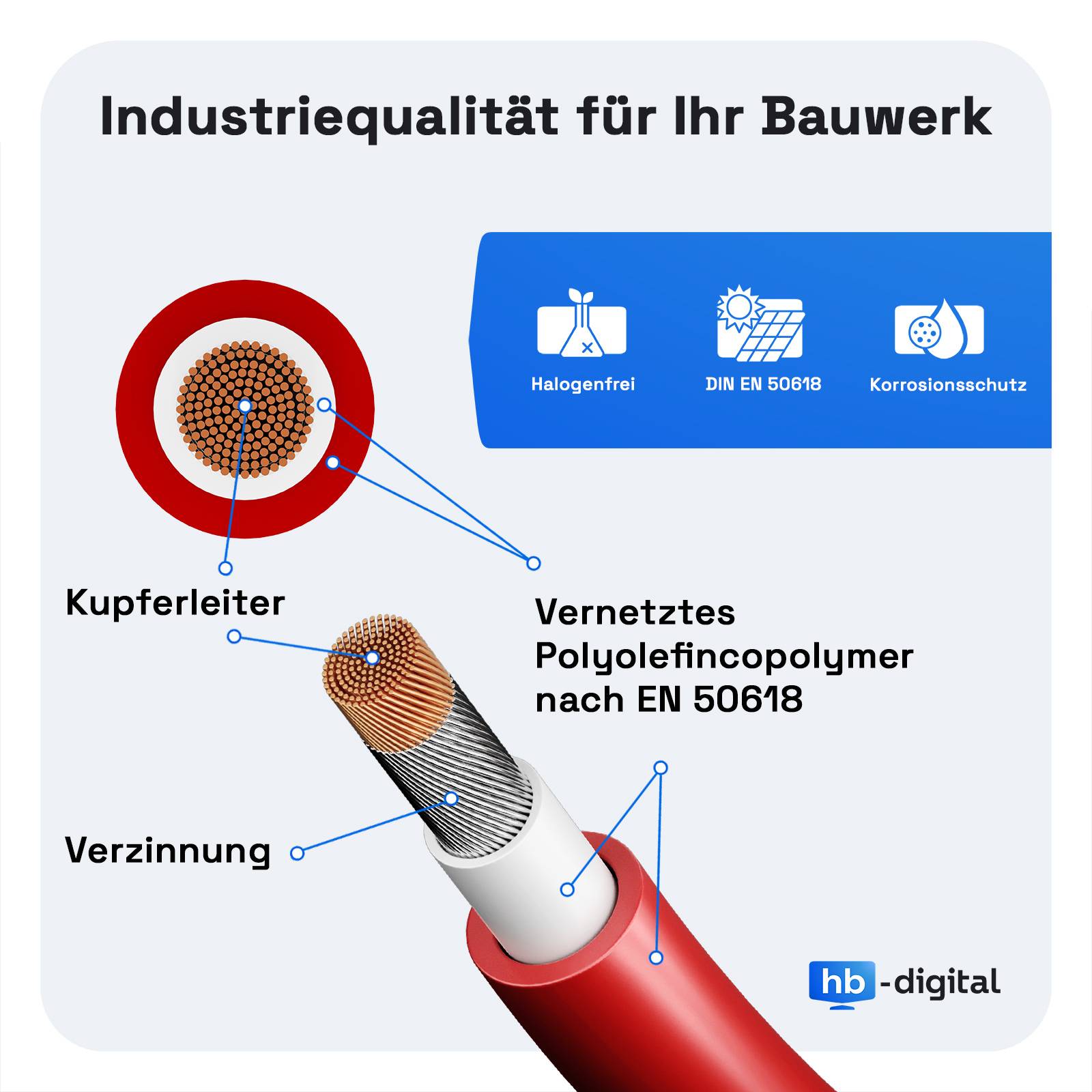 hb-digital Solarkabel 500m H1Z2Z2-K Photovoltaik Kabel 4mm2 für Solaranlagen rot