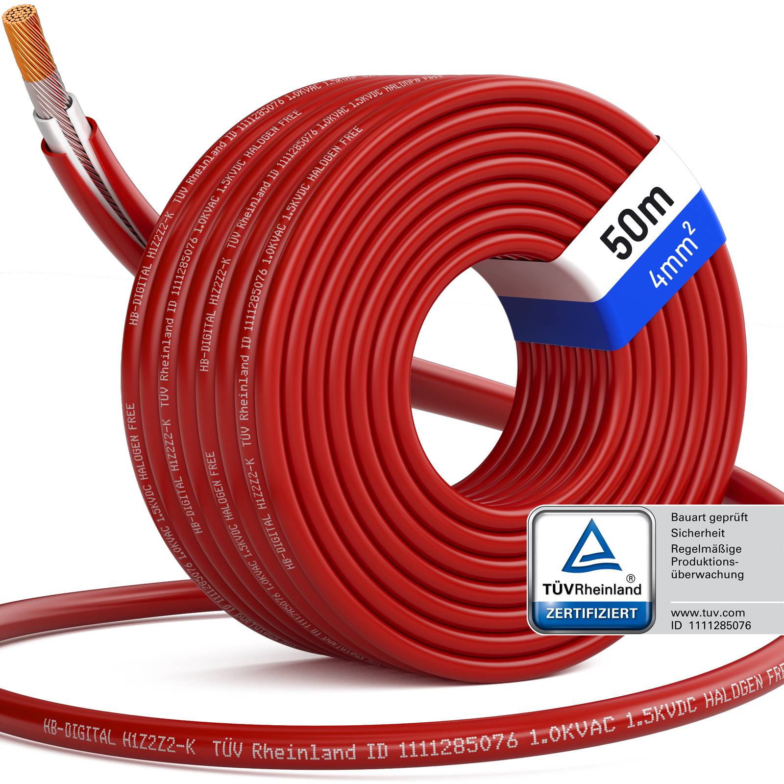 hb-digital Solarkabel 50m TÜV Rheinland zertifiziertes PV Kabel 4mm2 H1Z2Z2-K rot