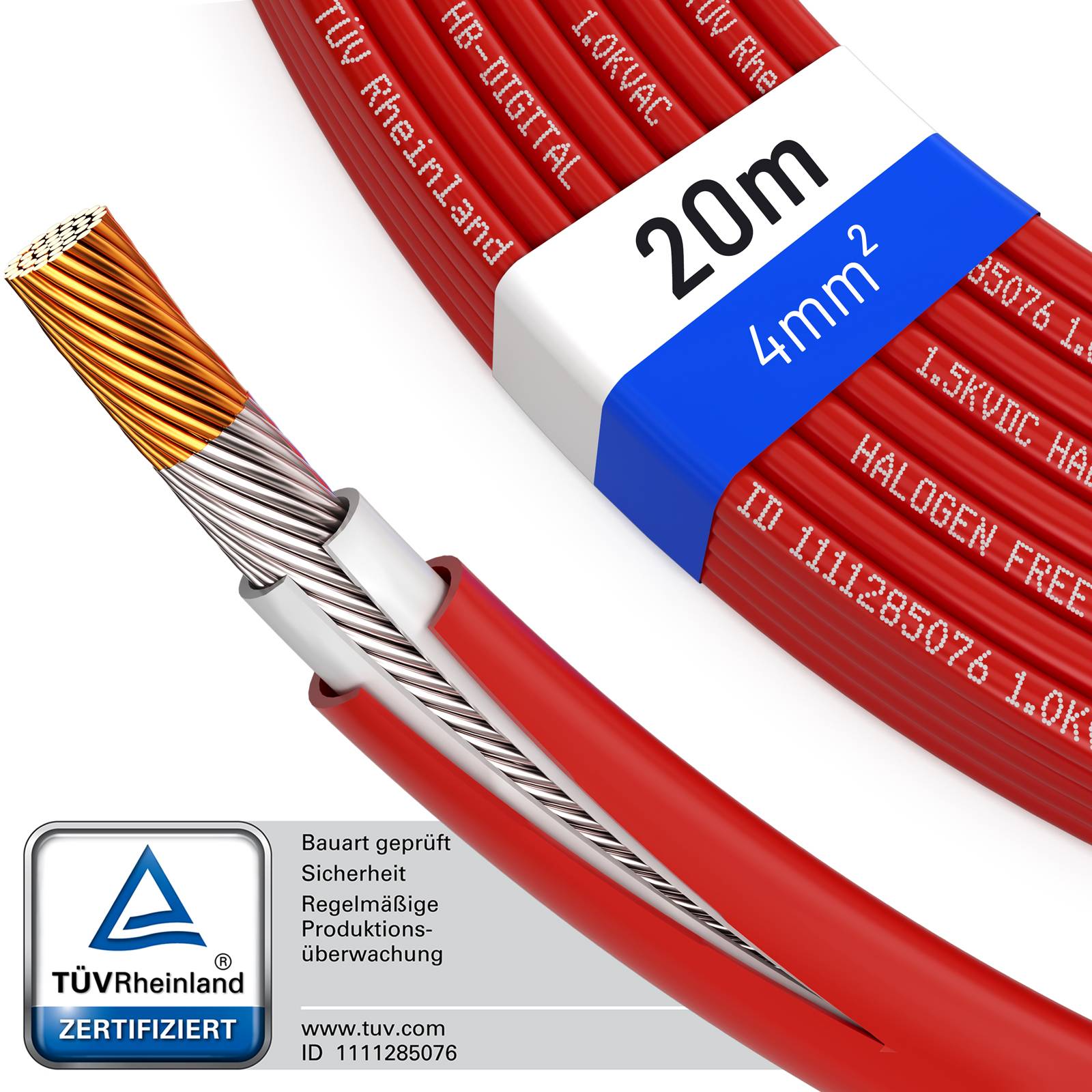 hb-digital Solarkabel 20 m Solar Kabel 4mm2 H1Z2Z2-K Photovoltaik Kabel für PV Anlagen rot