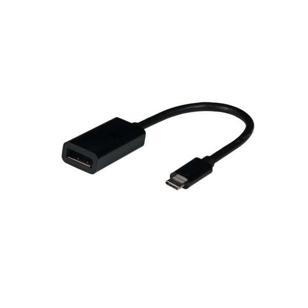 Ein schwarzer USB-C zu HDMI Adapter mit einem kurzen Kabel, der zum Verbinden von Geräten mit USB-C-Anschlüssen mit Displays, die HDMI-Eingänge haben, verwendet wird.