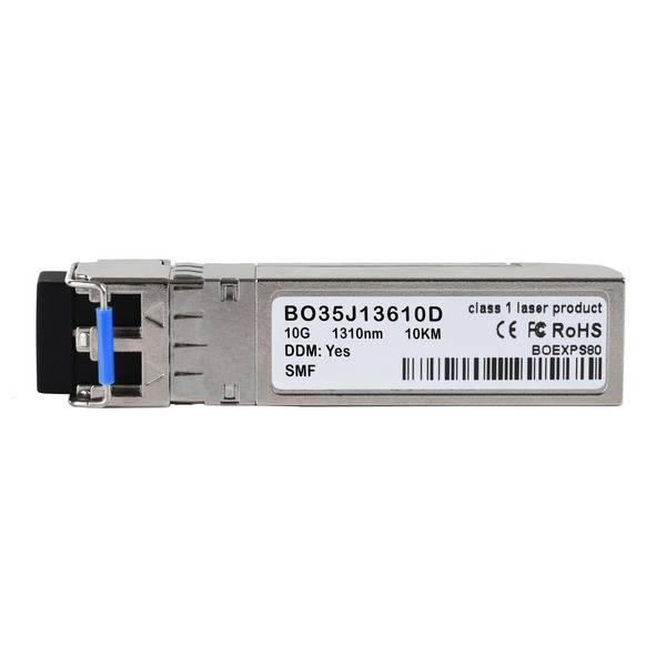 Ein kleines, rechteckiges Transceiver-Modul mit der Bezeichnung 'BO35J13610D', 10G, 1310 nm, 10 km, mit Laser-Produkt der Klasse 1 und CE-, FCC-, RoHS-Kennzeichnungen.