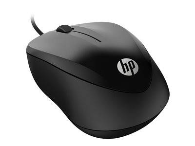 Eine elegante schwarze Computermaus mit dem 'hp'-Logo auf der Oberseite, mit Kabelverbindung und einem glatten, ergonomischen Design.