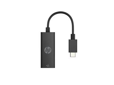 HP USB-C zu Ethernet-Adapter, schwarz, mit HP-Logo. Kompakt und tragbar, verbindet USB-C-Geräte mit einem kabelgebundenen Netzwerk.