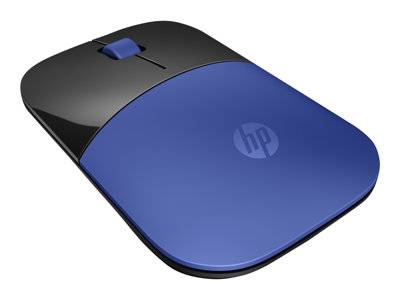 Eine schlanke, moderne Computermaus mit blauer Oberseite und schwarzen Seitenflächen, ausgestattet mit einem Scrollrad und dem auf der Oberfläche eingeprägt HP-Logo.