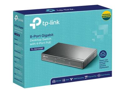 TP-Link 8-Port-Gigabit-Desktop-Switch-Verpackung, mit Schalterbild und wichtigen Funktionen wie PoE-Unterstützung, Plug-and-Play-Funktionalität.