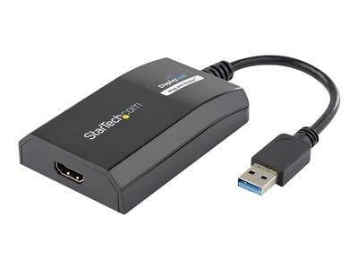 Ein USB zu HDMI Adapter mit einem kurzen Kabel. Der Adapter ist schwarz mit der Markenaufschrift 'StarTech.com' und wird zum Anschluss von Geräten an HDMI-Displays verwendet.