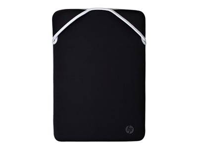 Schwarze Laptophülle mit weißem Rand, mit einem HP-Logo in der unteren rechten Ecke.