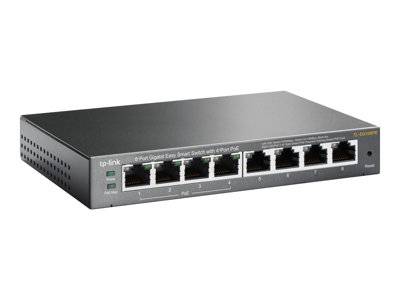 Ein schwarzer TP-Link 8-Port Gigabit Easy Smart Switch mit 4 PoE-Anschlüssen, der Netzwerk-Ethernet-Anschlüsse auf der Vorderseite zeigt.