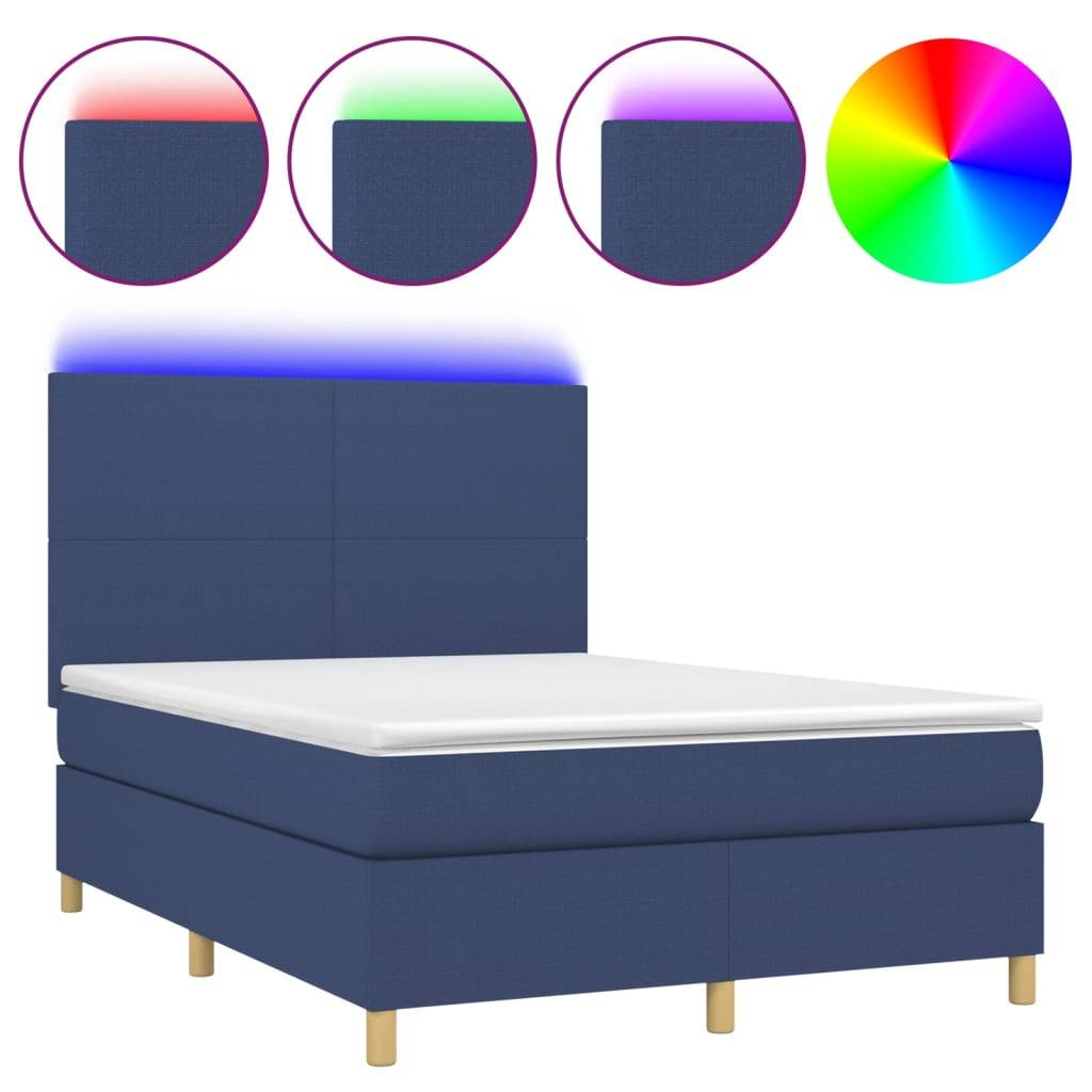 vidaXL Boxspringbett mit Matratze &amp; LED Blau 140x200 cm Stoff