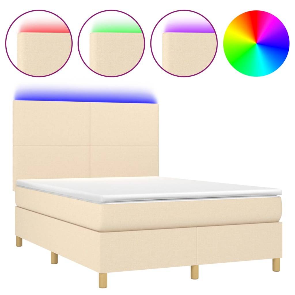 vidaXL Boxspringbett mit Matratze & LED Creme 140x200 cm Stoff