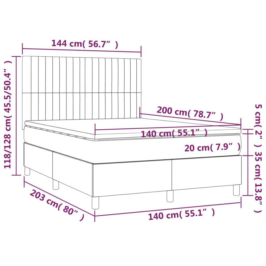 vidaXL Boxspringbett mit Matratze & LED Hellgrau 140x200 cm Stoff