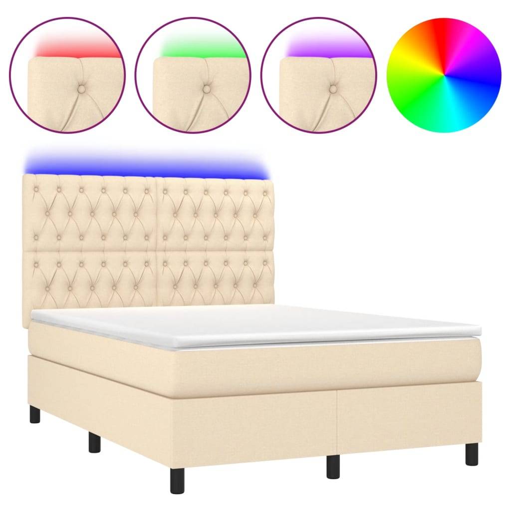 vidaXL Boxspringbett mit Matratze & LED Creme 140x190 cm Stoff