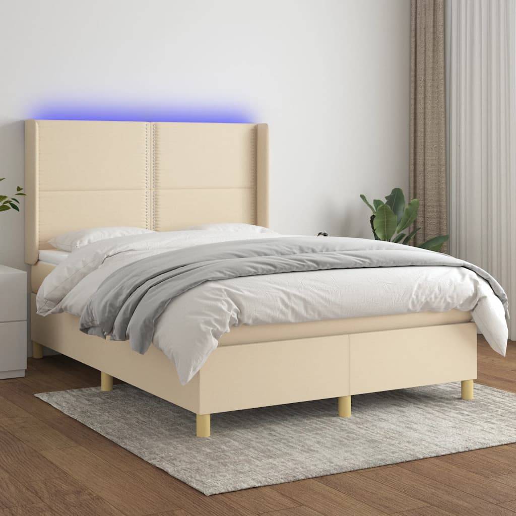 vidaXL Boxspringbett mit Matratze & LED Creme 140x200 cm Stoff