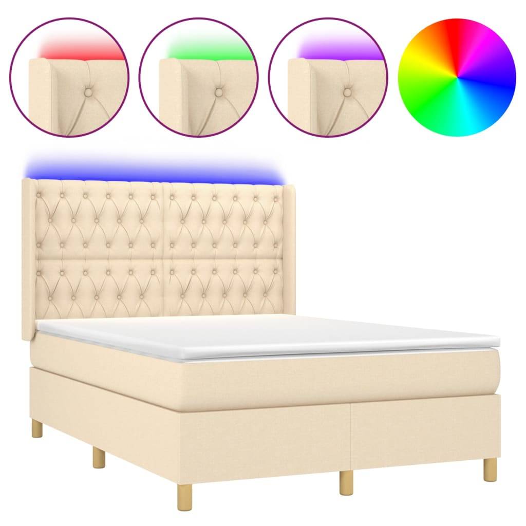 vidaXL Boxspringbett mit Matratze & LED Creme 140x200 cm Stoff