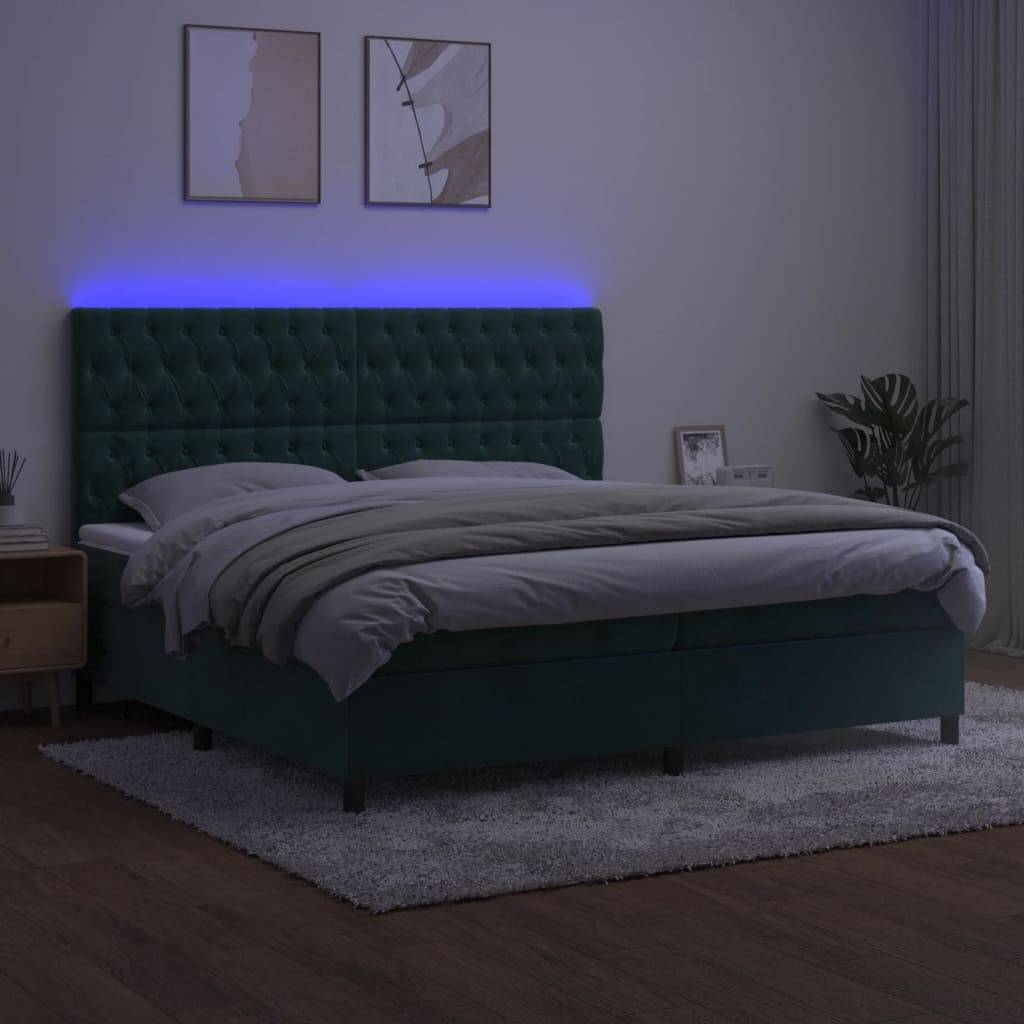 vidaXL Boxspringbett mit Matratze & LED Dunkelgrün 200x200 cm Samt