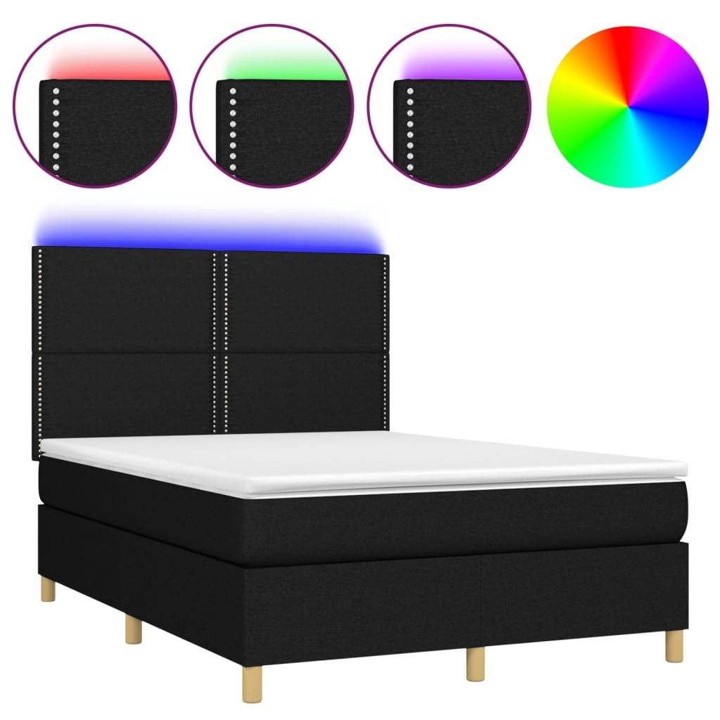vidaXL Boxspringbett mit Matratze &amp; LED Schwarz 140x190 cm Stoff