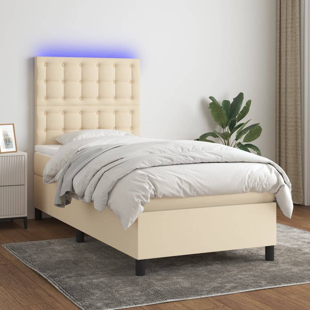 vidaXL Boxspringbett mit Matratze & LED Creme 90x190 cm Stoff