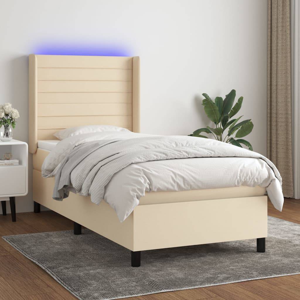 vidaXL Boxspringbett mit Matratze & LED Creme 90x190 cm Stoff