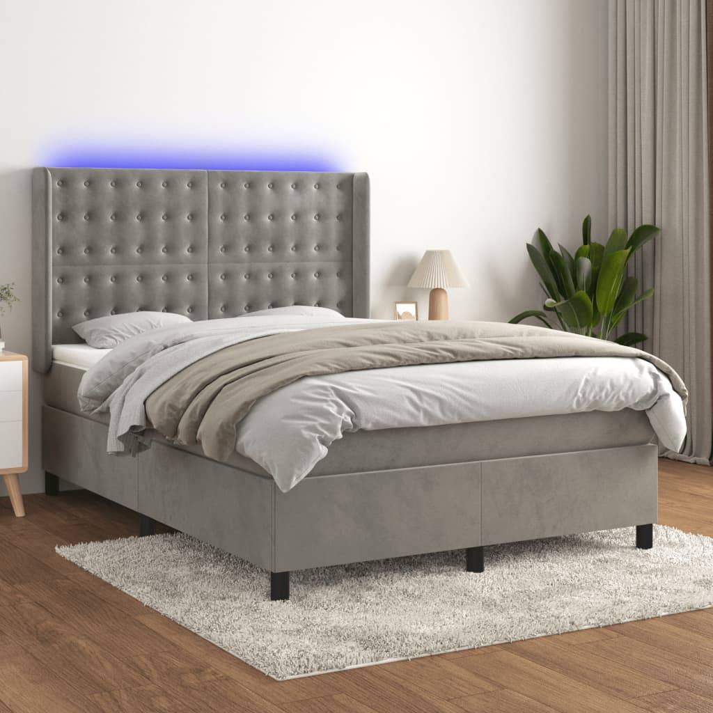 vidaXL Boxspringbett mit Matratze & LED Hellgrau 140x200 cm Samt