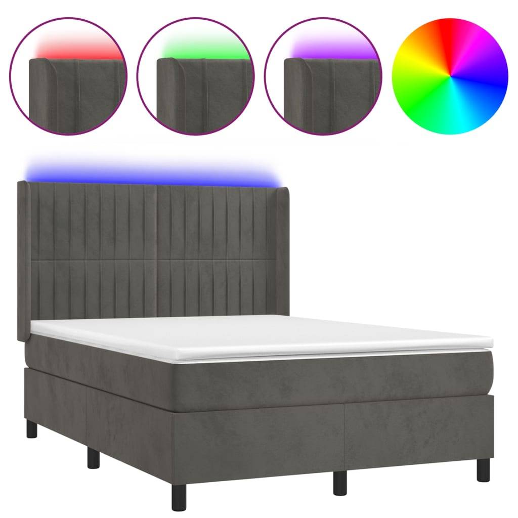 vidaXL Boxspringbett mit Matratze & LED Dunkelgrau 140x200 cm Samt