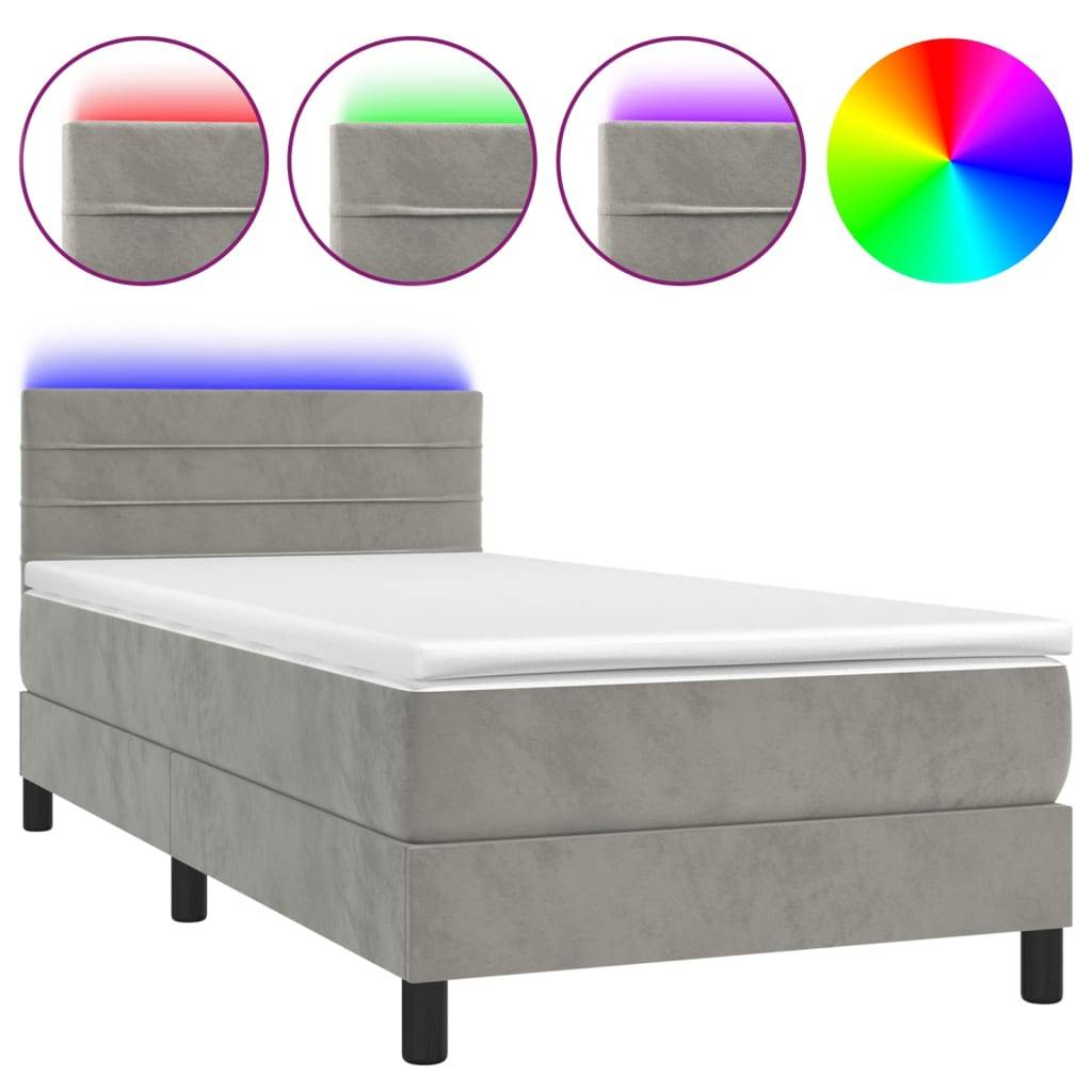 vidaXL Boxspringbett mit Matratze &amp; LED Hellgrau 100x200 cm Samt