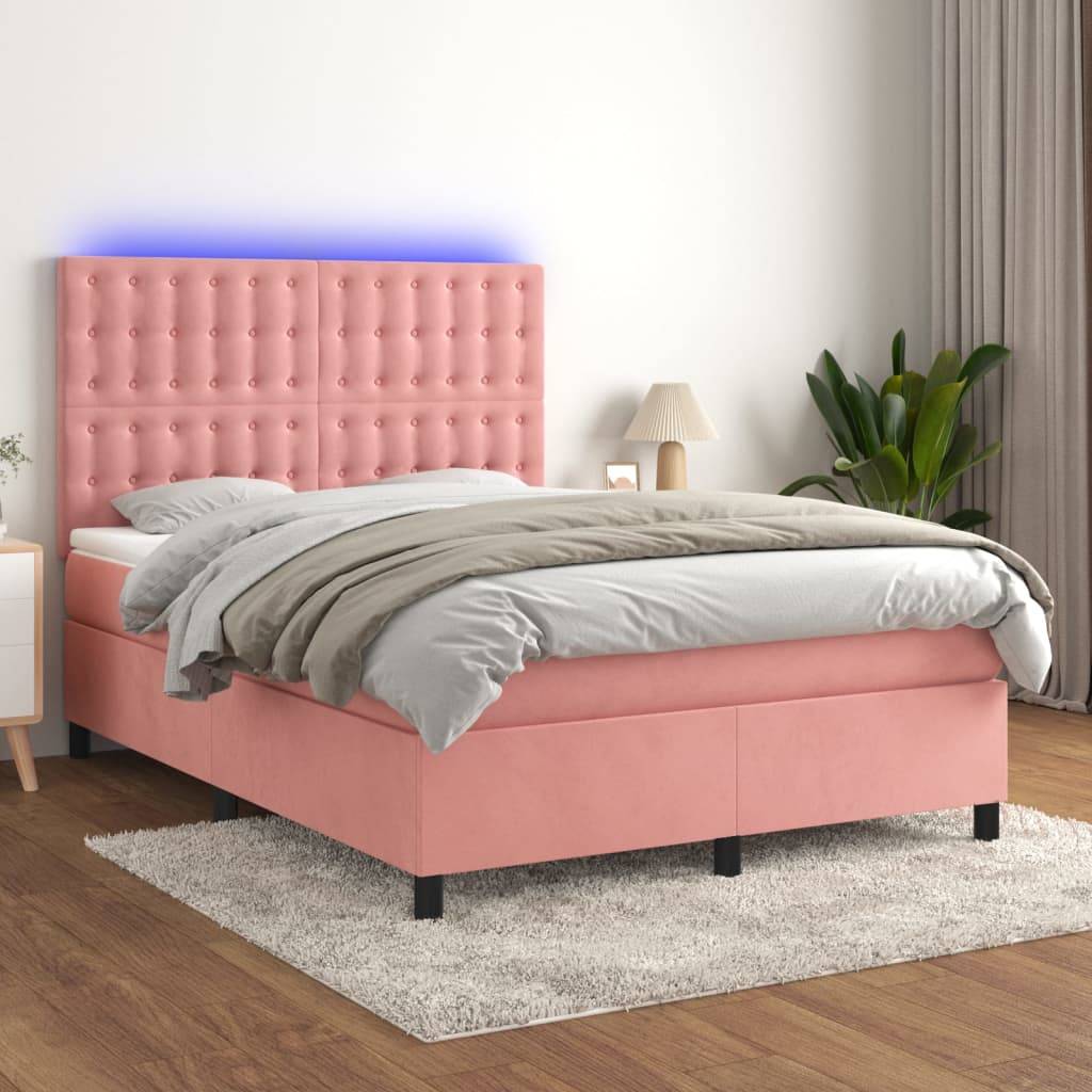 vidaXL Boxspringbett mit Matratze & LED Rosa 140x190 cm Samt