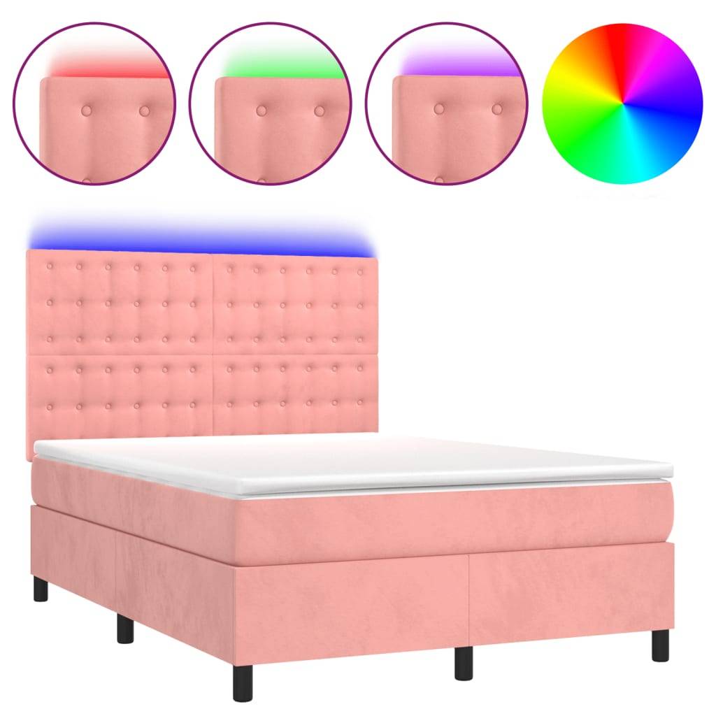 vidaXL Boxspringbett mit Matratze & LED Rosa 140x190 cm Samt