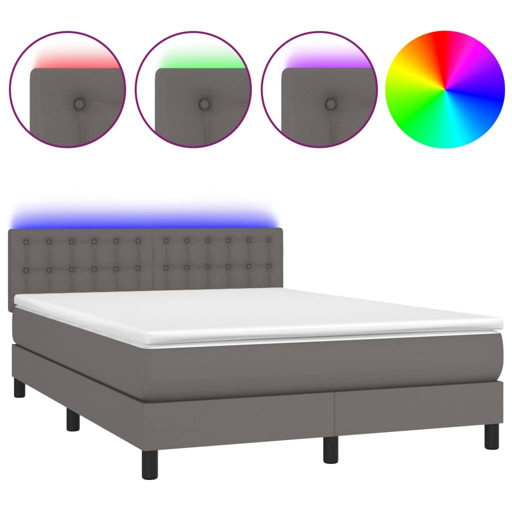 vidaXL Boxspringbett mit Matratze & LED Grau 140x200 cm Kunstleder